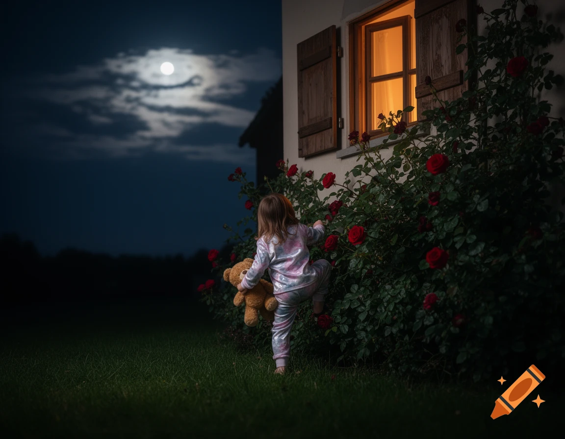 A young girl in pajamas, seen from behind, climbs a rose bush next to a house at night, holding a teddy bear under a full moon.