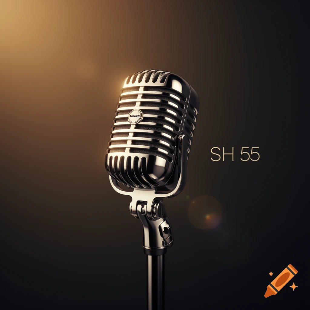 A stylized chrome vintage microphone with 'SHURE' and 'SH 55' on a dark background with warm light.