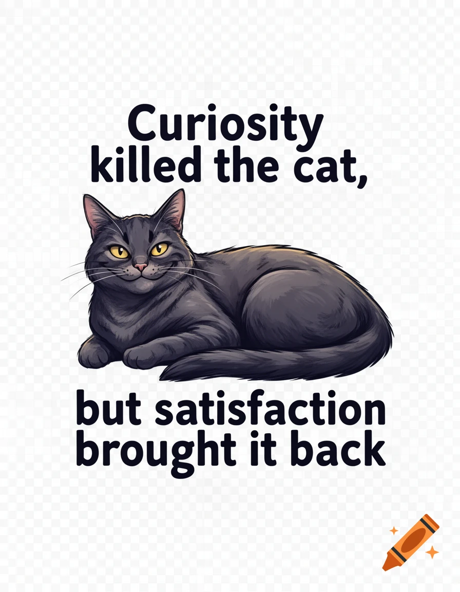 Illustrated gray cat with yellow eyes and a smirk, lying down. Text reads 'Curiosity killed the cat, but satisfaction brought it back'.