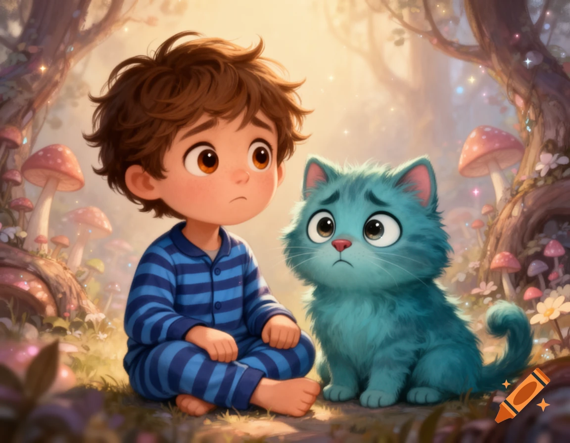 A cartoon boy in blue striped pajamas sits with a sad blue cat in a magical forest, rendered in a children's book illustration style.