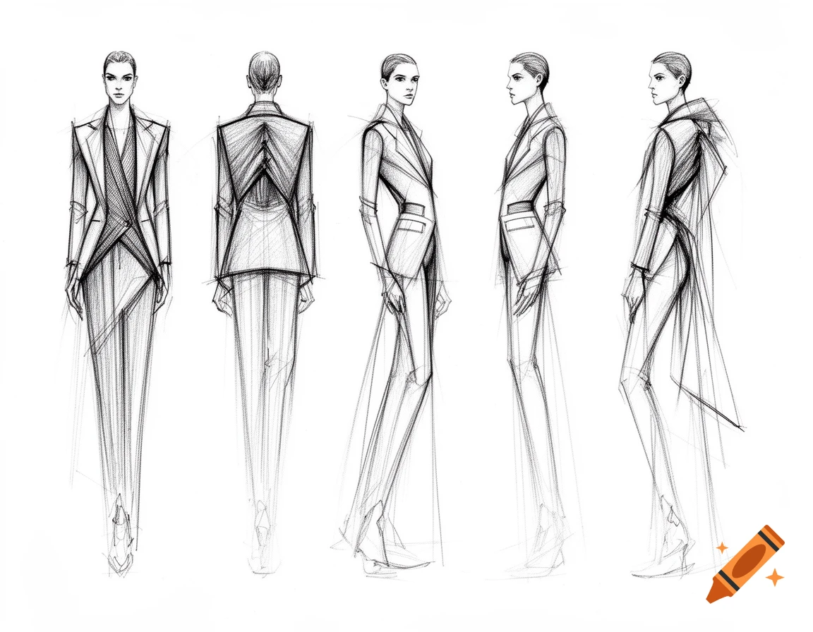 Pencil sketch of androgynous fashion figures from multiple views: front, back, side, and three-quarter angles.