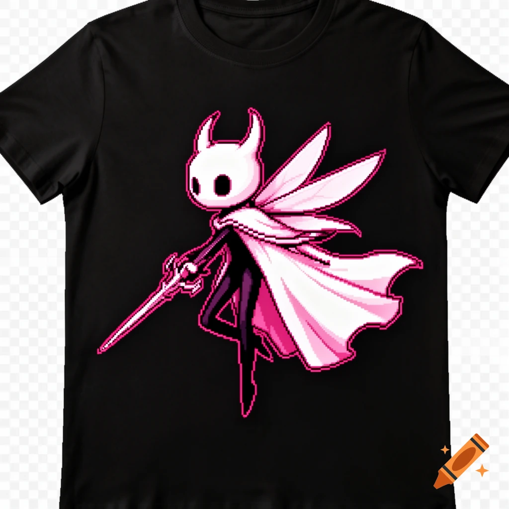 White and pink pixel art Hornet character from Hollow Knight on a black t-shirt, holding a needle-sword.
