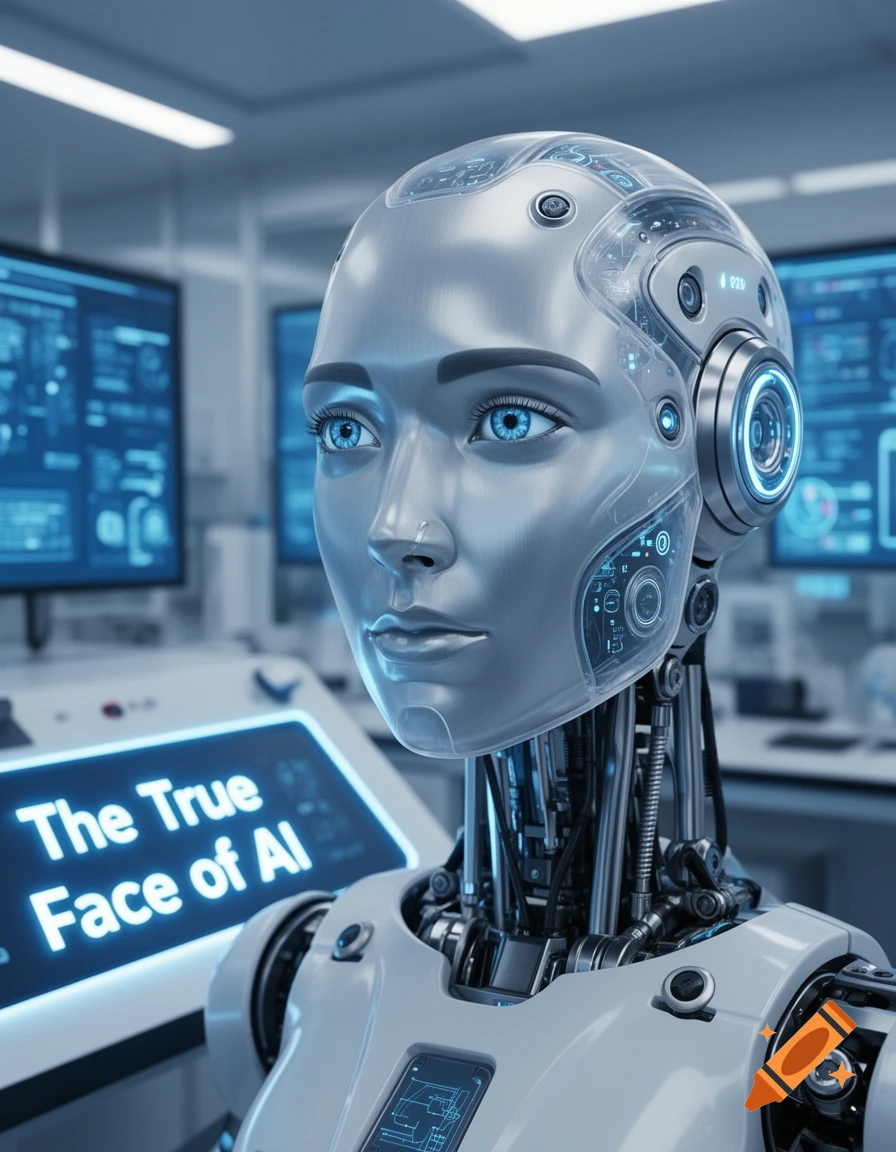A detailed, metallic robot head with glowing blue eyes in a futuristic tech lab, with a screen displaying 'The True Face of AI'.