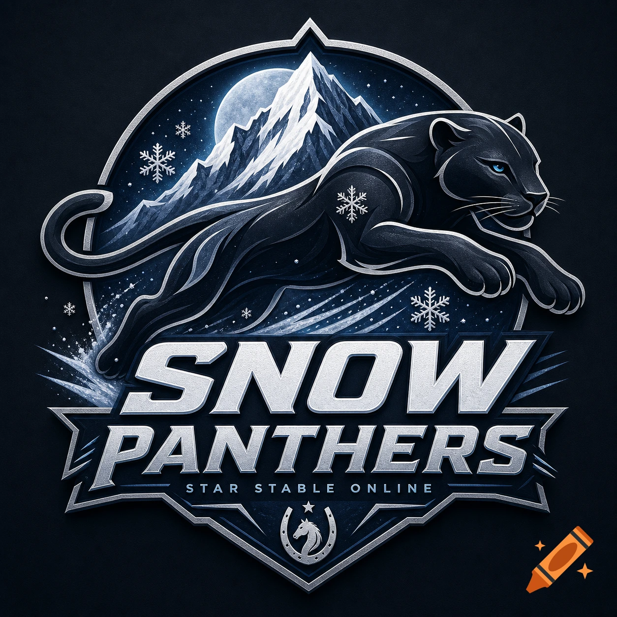 Silver and blue logo with a leaping black panther, snowy mountains, moon, snowflakes, and text 'SNOW PANTHERS STAR STABLE ONLINE'.