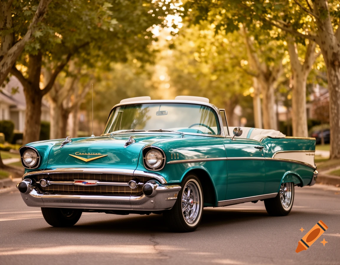A gleaming teal and white 1957 Chevrolet convertible parked on a tree-lined street at sunset.