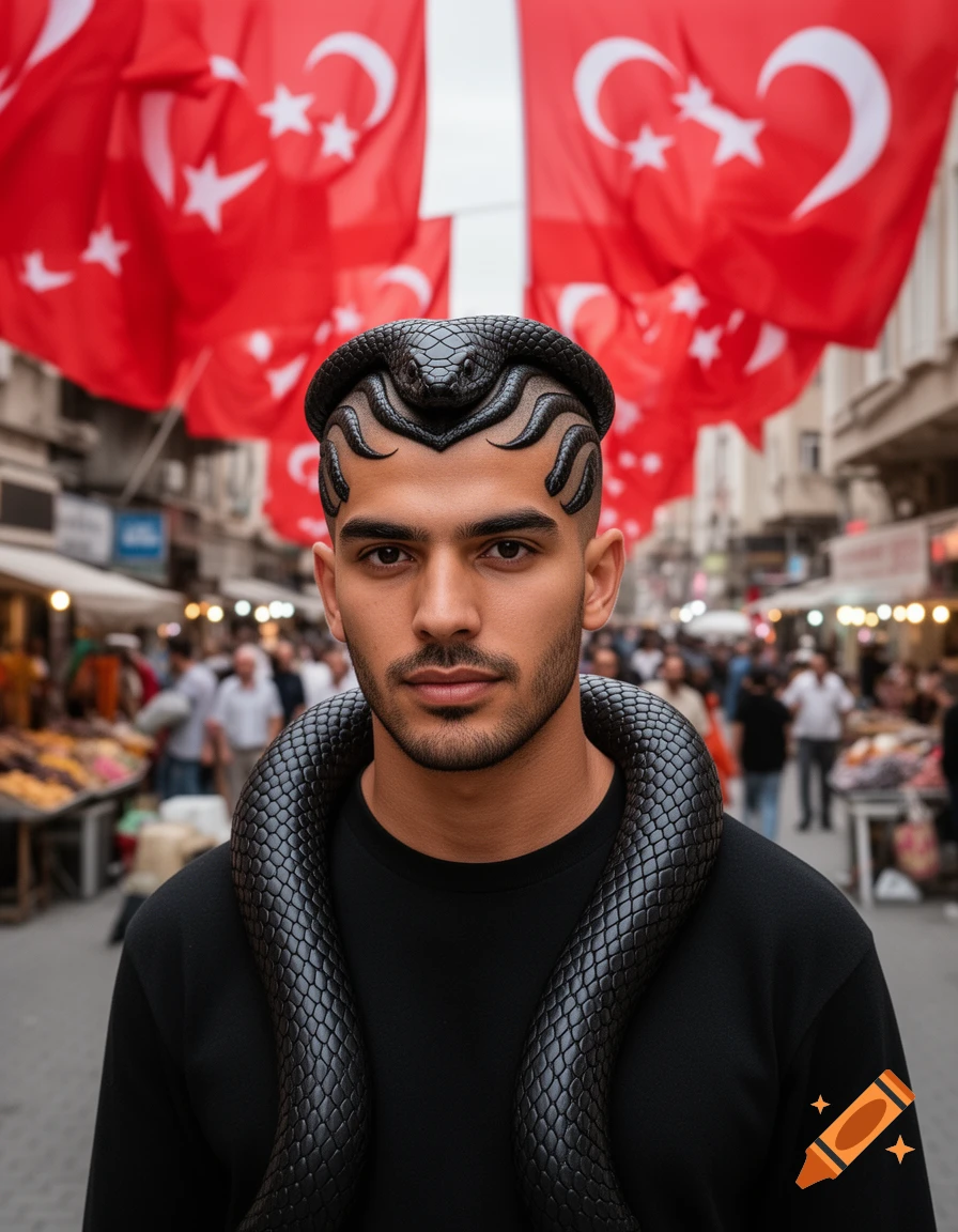 A photorealistic portrait of a man with a black mamba snake hairstyle and a large black snake around his neck, standing on a busy street under Turkish flags.