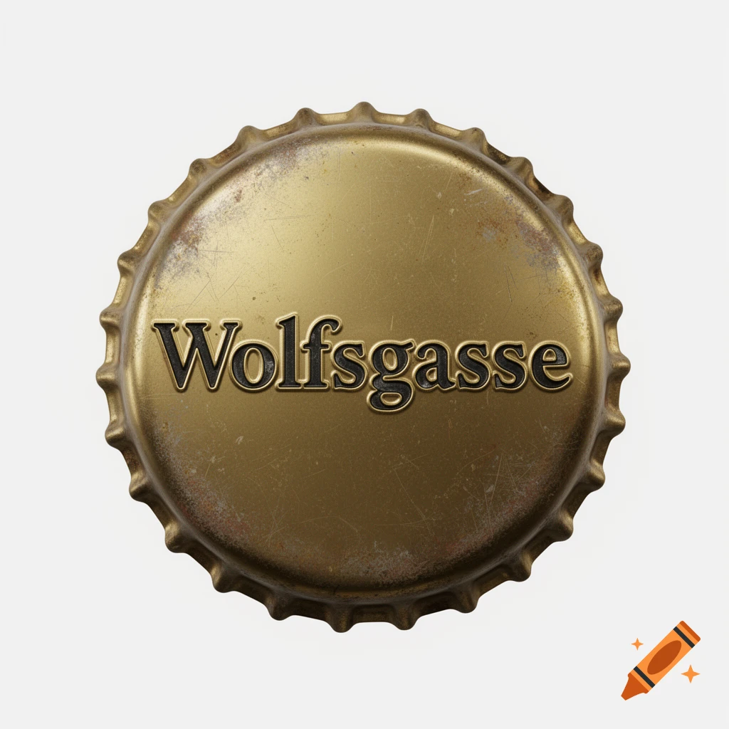 A rusty, golden bottle cap with the word "Wolfsgasse" embossed on its surface, against a plain white background.
