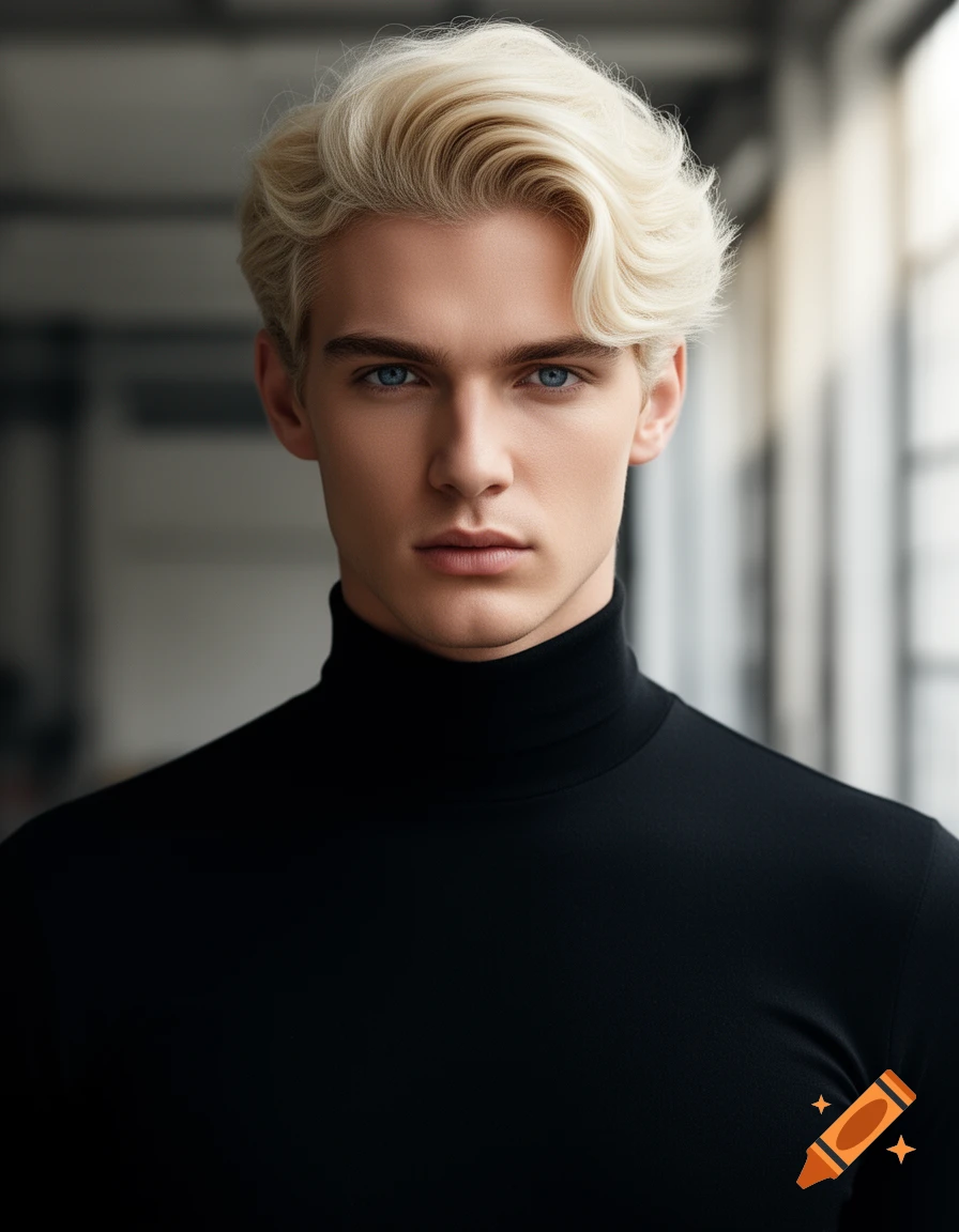 Photorealistic headshot of a young man with blonde wavy hair, blue eyes, and a black turtleneck.