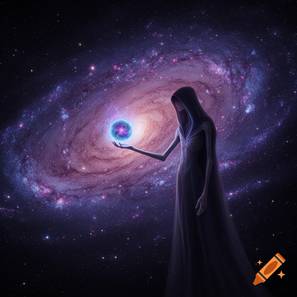 A lanky, hooded cosmic being holds a glowing purple energy orb in front of a vibrant, swirling galaxy.