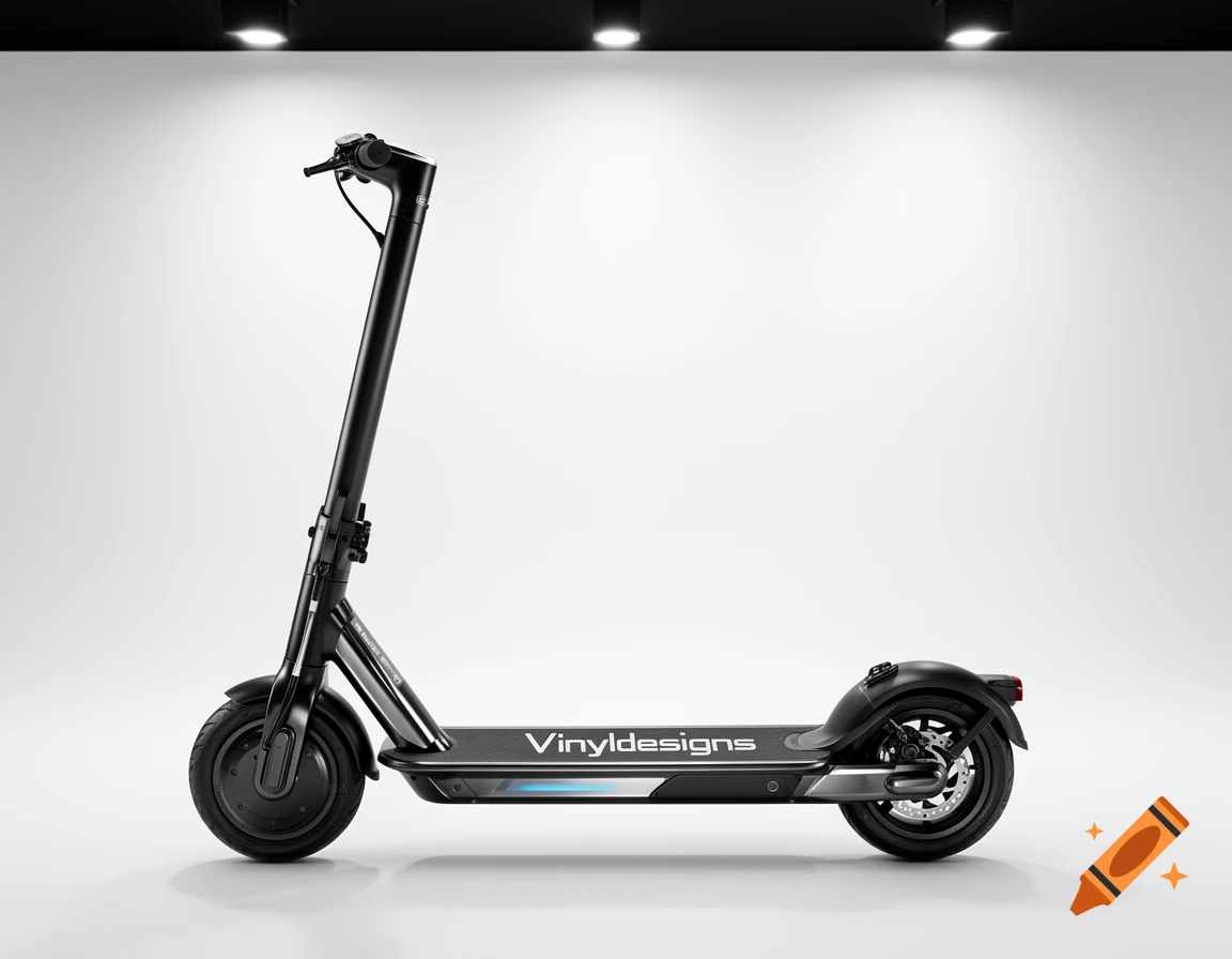 A sleek, black electric scooter with "Vinyldesigns" written on its deck, professionally lit against a white background.