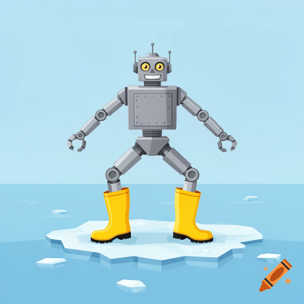 A smiling grey robot wearing yellow wellington boots balances on a small sheet of ice in light blue water.