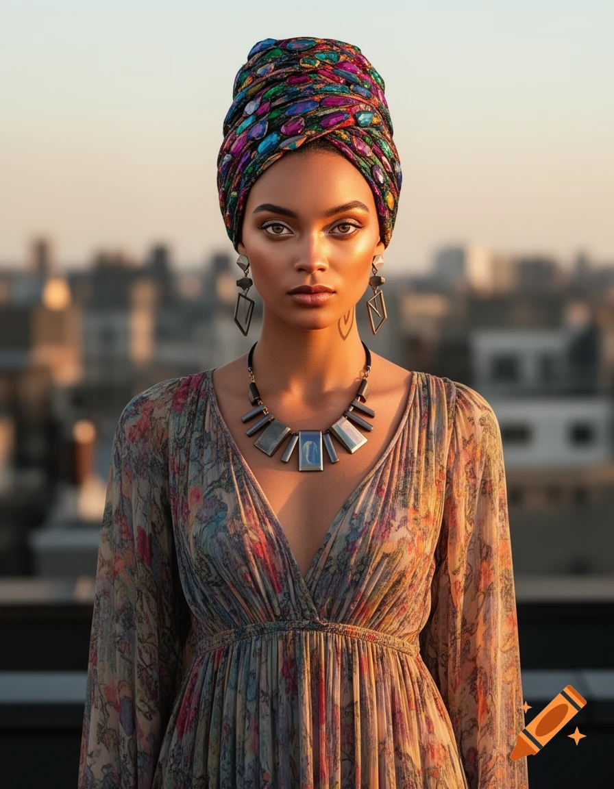 Photorealistic portrait of a woman in a colorful turban, floral dress, and geometric jewelry, against a blurred city skyline at sunset.