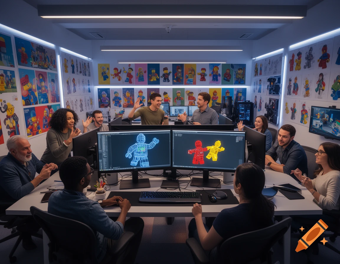 A group of diverse animators in a brightly lit meeting room, discussing 3D models of block figures on computer screens. Posters with cartoon figures adorn the walls.
