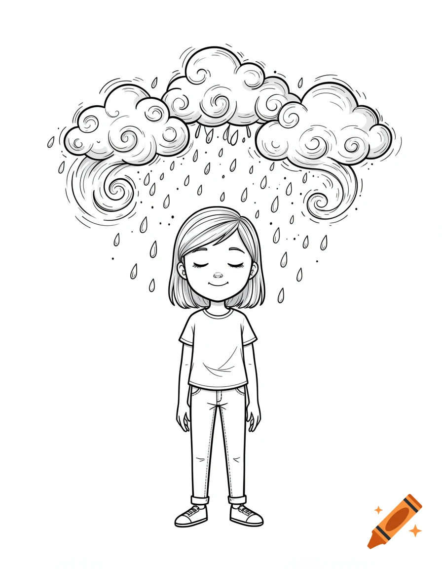 A black and white line art illustration of a girl with closed eyes standing calmly under cartoon rain clouds and raindrops.