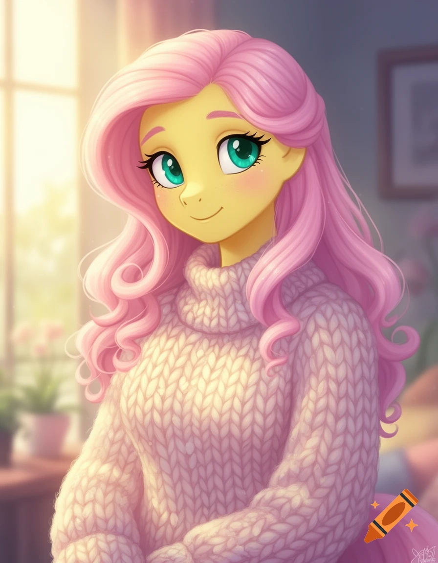 An anthropomorphic Fluttershy with yellow skin and long pink hair smiles, wearing a pink cable knit turtleneck sweater indoors.
