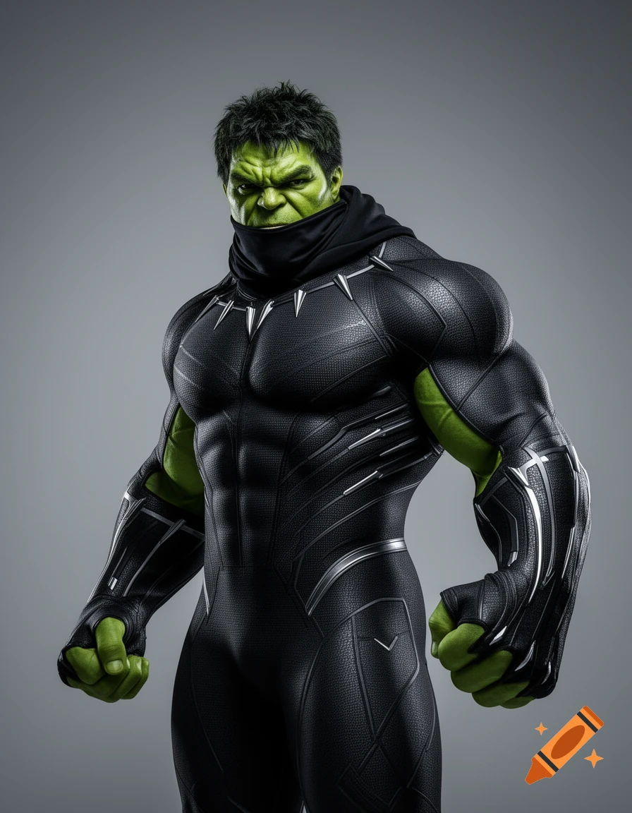 A muscular Hulk in a black Black Panther suit with his green face and hair visible, against a grey background.