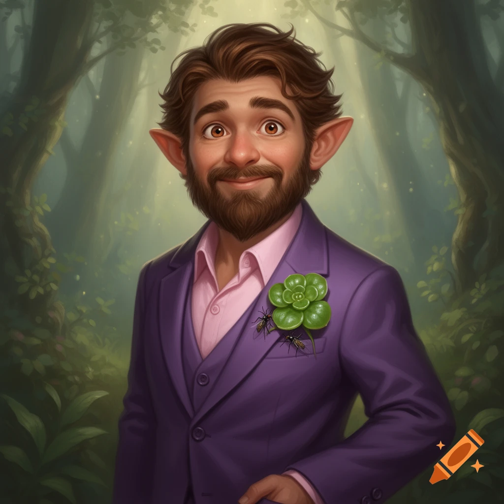 A smiling, brown-haired fantasy character with pointed ears and a beard wears a purple suit with a succulent and two ants on the lapel, standing in a magical forest.