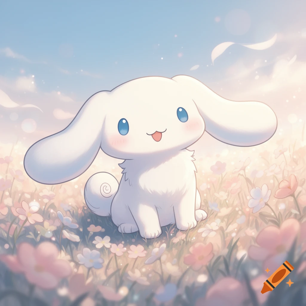 Cute white Cinnamoroll character with blue eyes sitting in a field of pastel pink and white flowers under a soft blue sky, anime style.