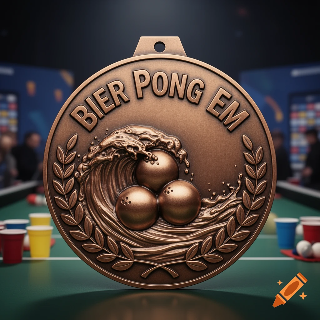 A close-up of a bronze medal inscribed 'BIER PONG EM', featuring a wave design with three balls, against a blurred background of a beer pong game.