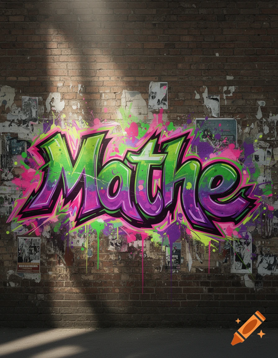 The word 'Mathe' spray-painted in green and pink graffiti style on a brick wall with old posters, under a beam of light.