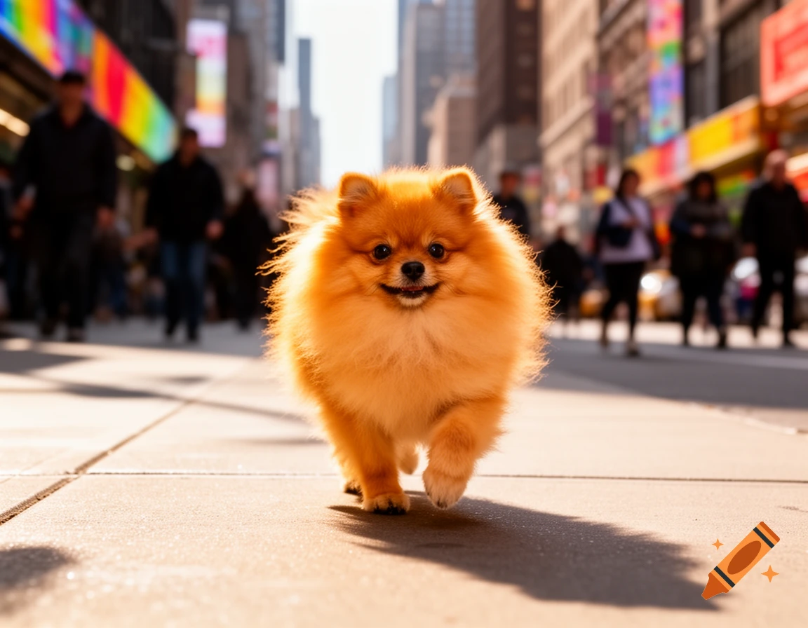 A fluffy orange Pomeranian dog happily runs down a sunny city sidewalk, with blurred buildings and people in the background.
