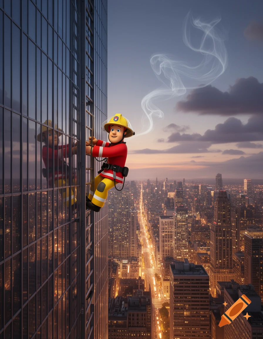 Cartoon Fireman Sam climbs a skyscraper at dusk, with smoke rising and a sprawling city below.