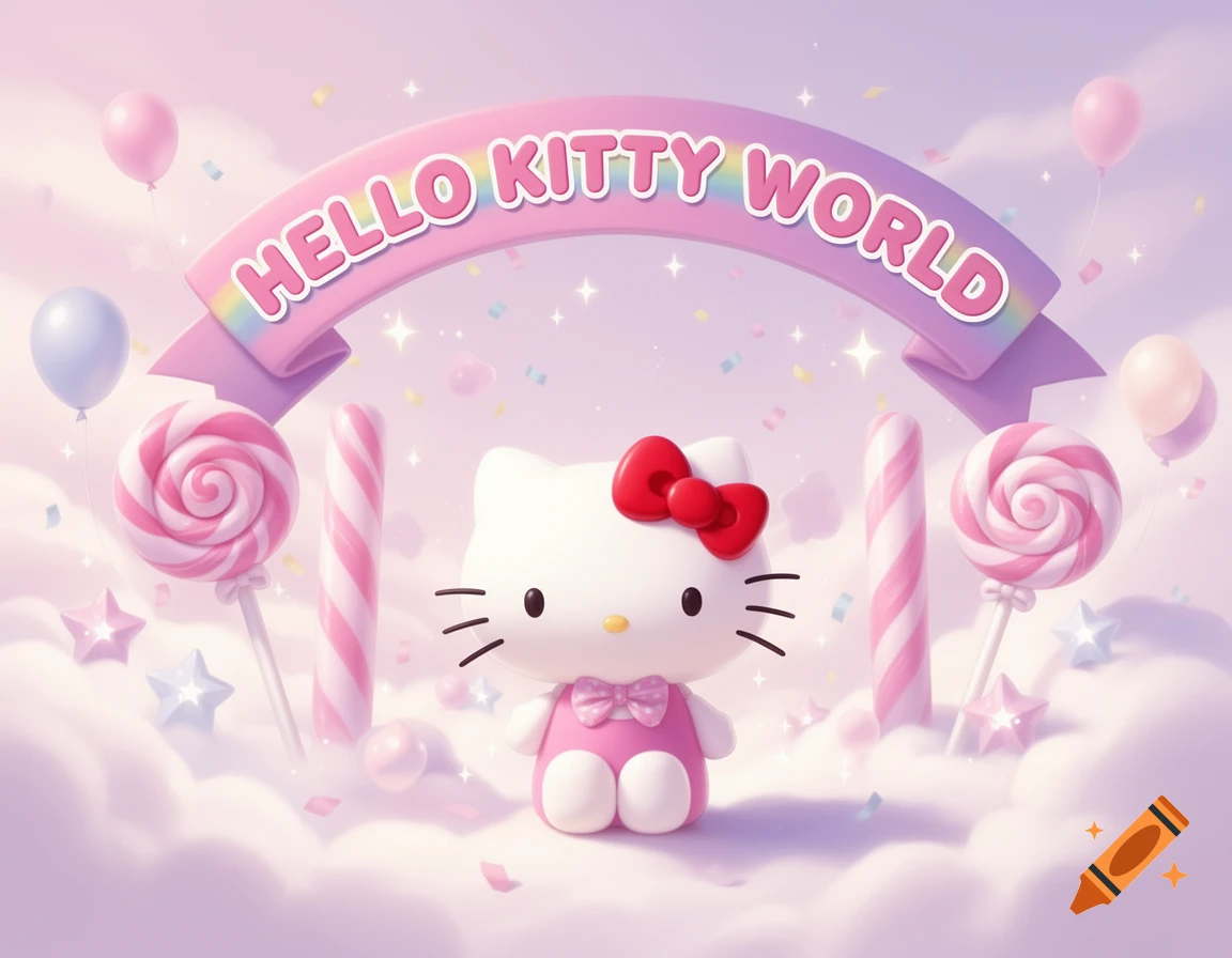 A cute 3D rendered Hello Kitty standing under a 'HELLO KITTY WORLD' banner, with pastel clouds, balloons, lollipops, and confetti.