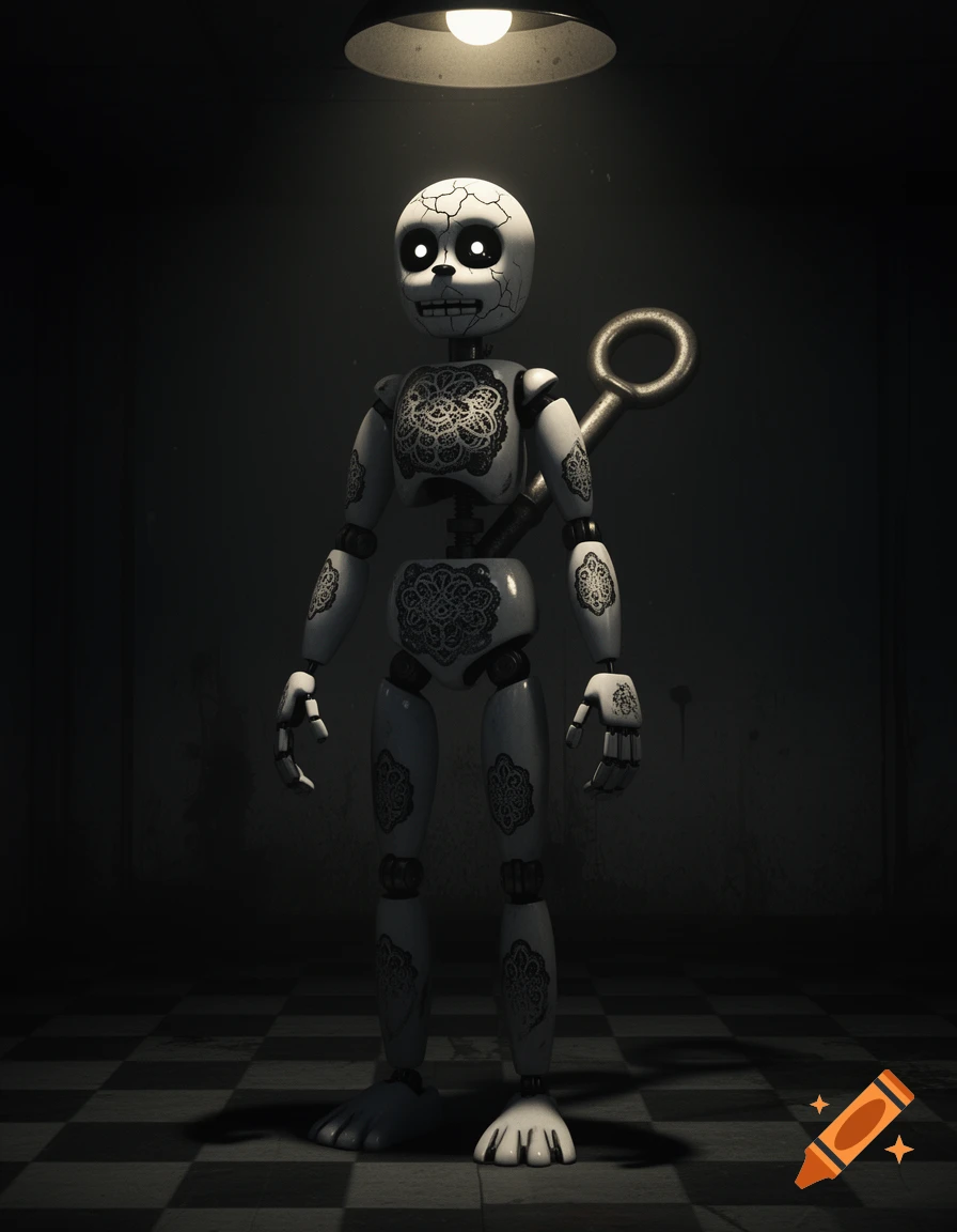 A creepy, slender white animatronic robot with a cracked face, glowing eyes, lace patterns, and a wind-up key stands in a dark room, horror game aesthetic.