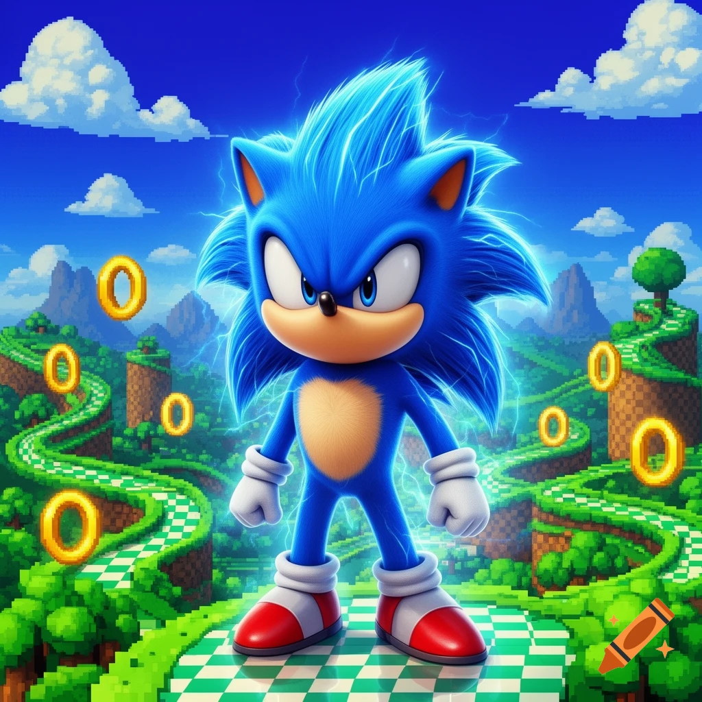 Sonic the Hedgehog stands crackling with blue energy in a vibrant, pixelated Green Hill Zone-like landscape with gold rings.