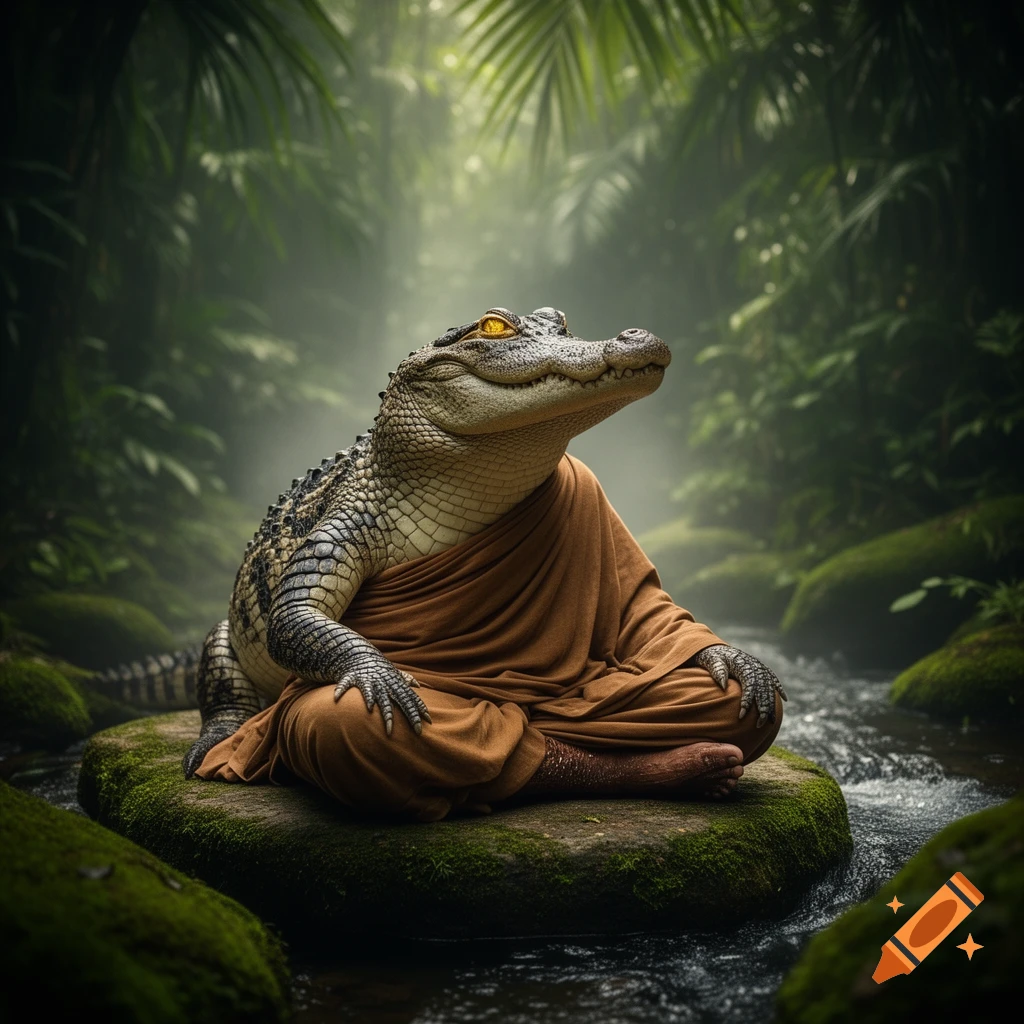 A photorealistic crocodile dressed in a brown monk's robe sits meditating on a mossy rock in a misty jungle stream.