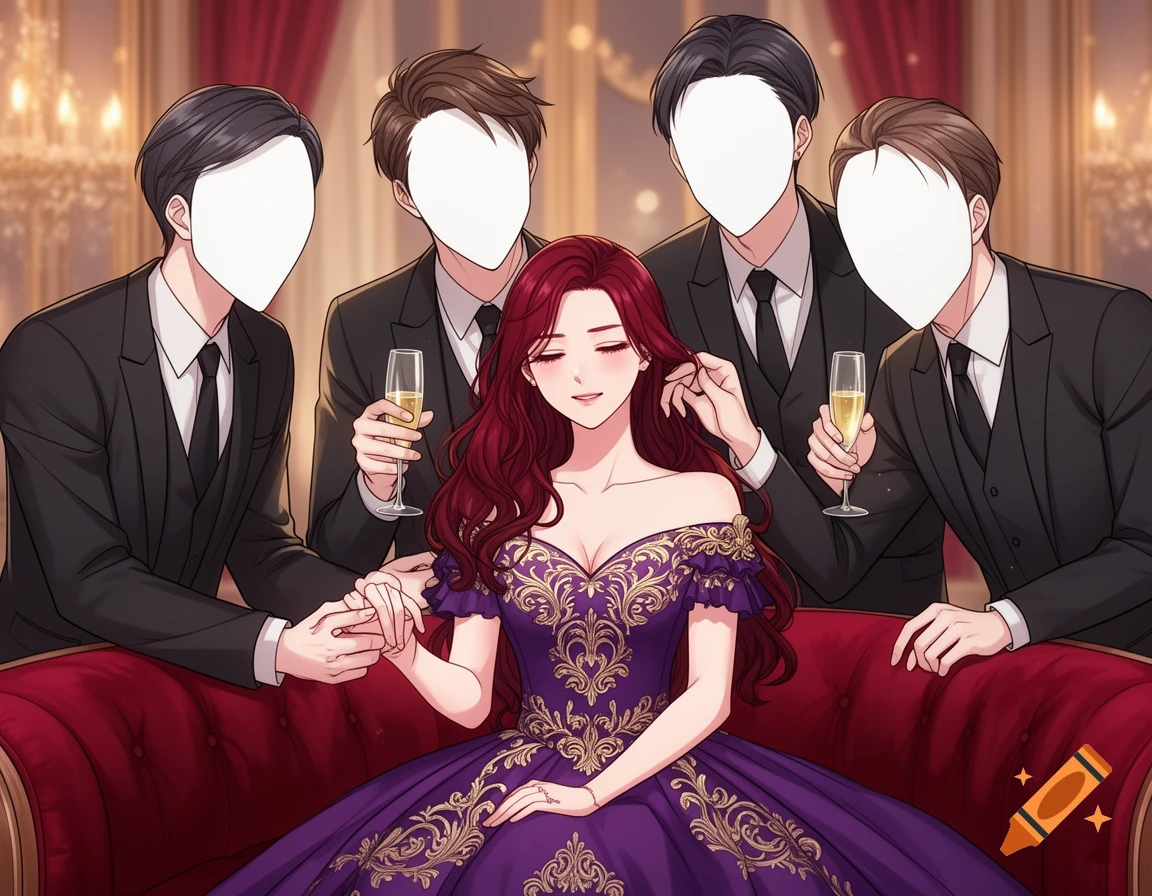 An anime-style illustration of a woman in a purple gown on a red sofa, surrounded by five faceless men in suits, who are showing her affection.