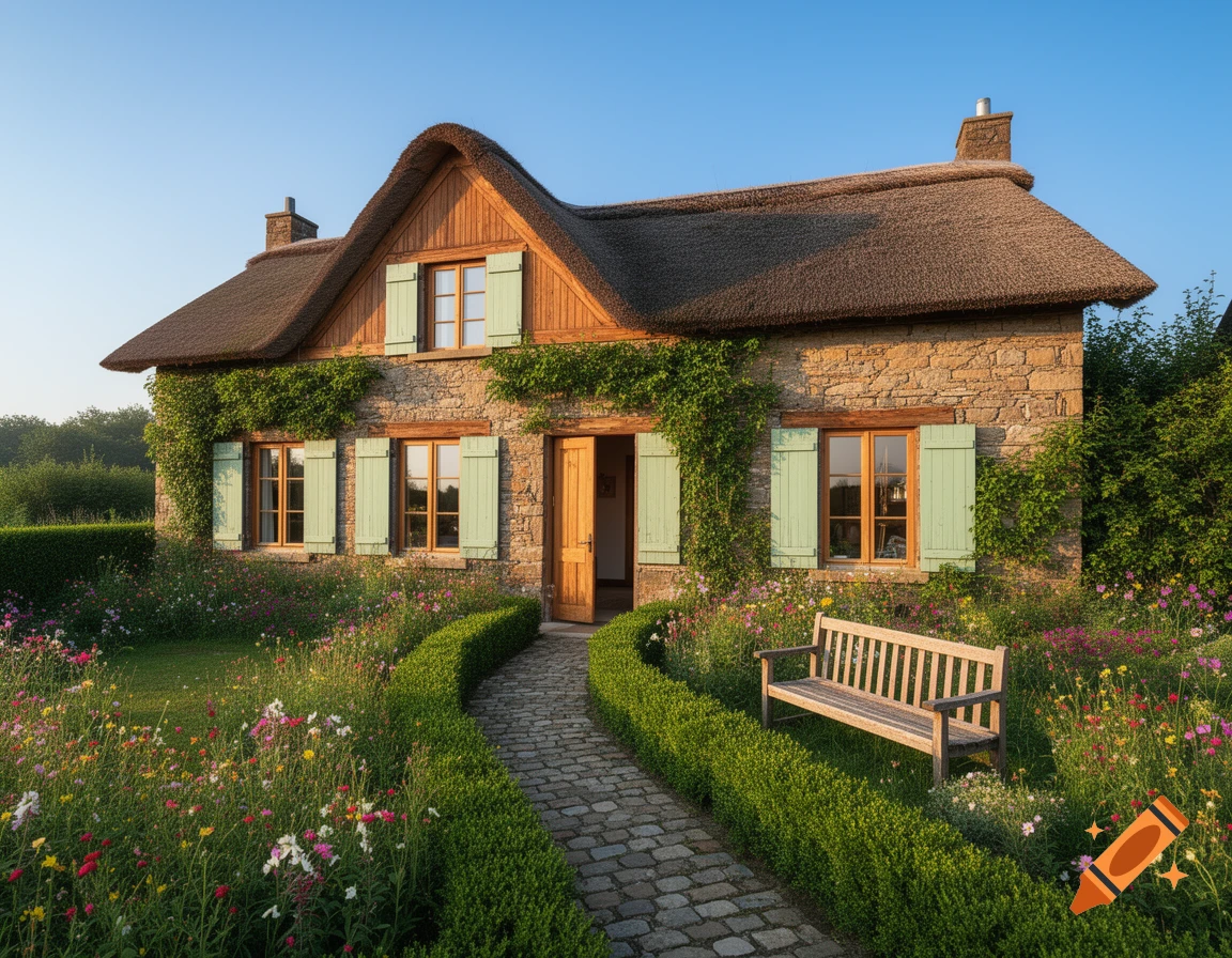 A quaint stone cottage with a thatched roof, light green shutters, and a winding cobblestone path through a vibrant flower garden.