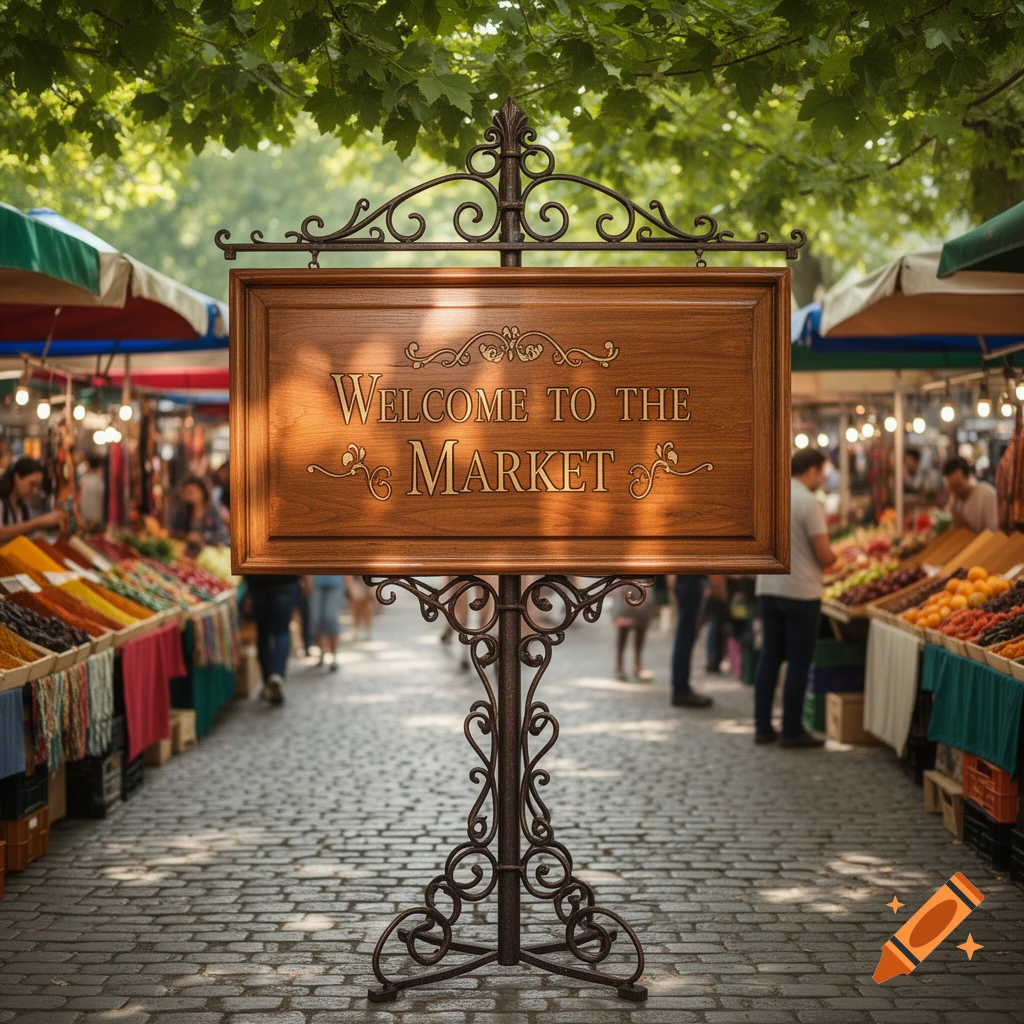 A photorealistic 'Welcome to the Market' sign on a decorative stand in a bustling outdoor market with stalls, people, and trees.