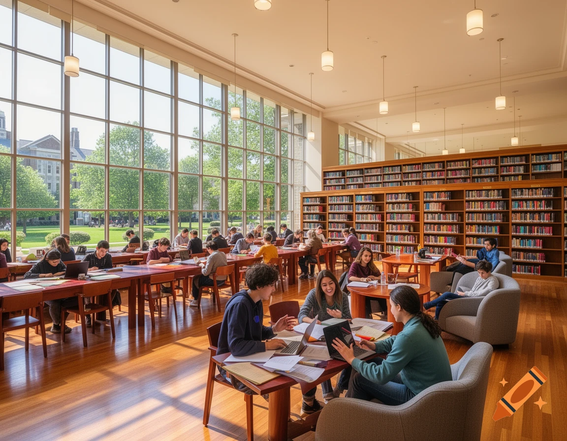 Students study in a bright, modern university library with tall windows overlooking a campus lawn and large bookshelves.