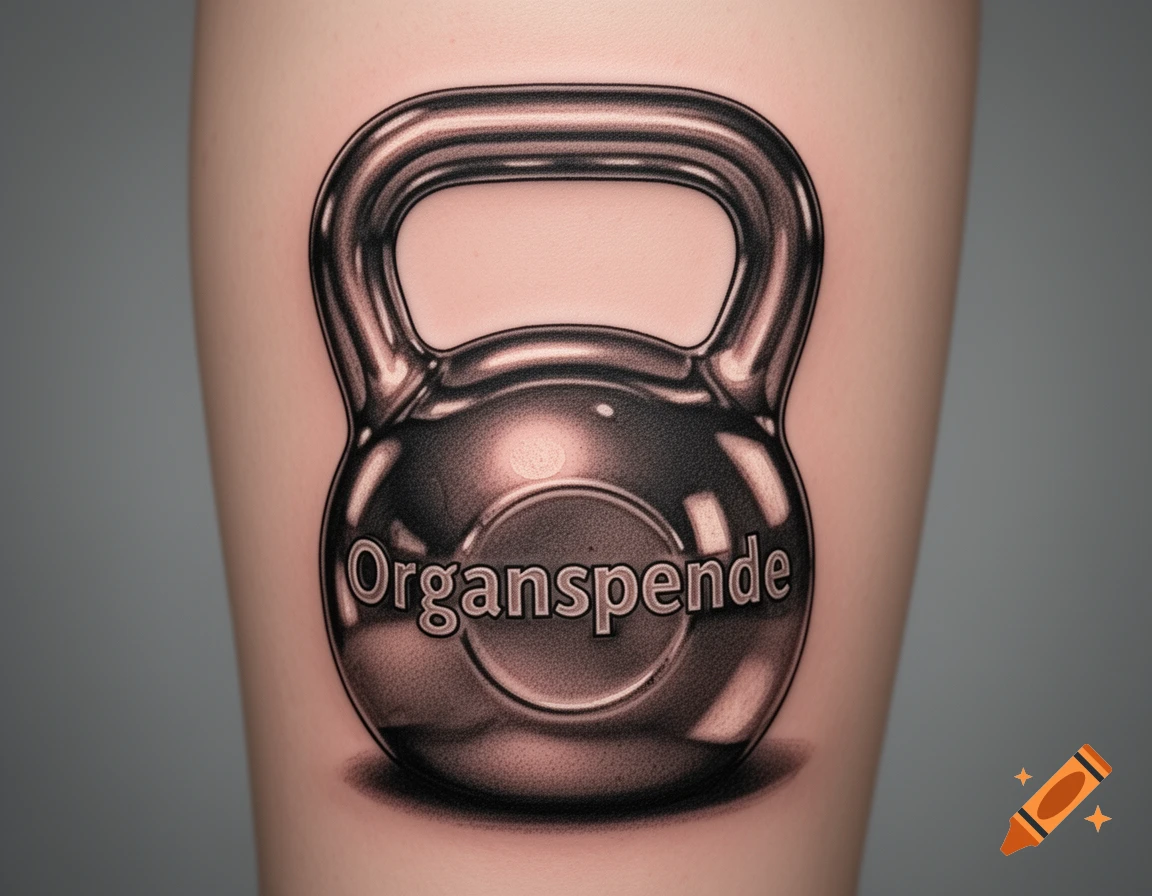 A realistic tattoo of a metallic kettlebell with the word "Organspende" on its side, on a person's arm.