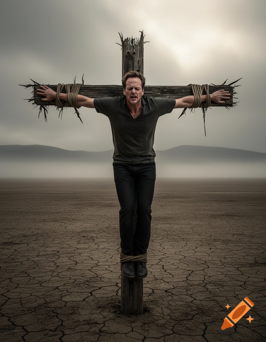 A man resembling Kiefer Sutherland is tied with ropes to a wooden cross in a desolate, cracked desert under a cloudy sky, with a pained expression.