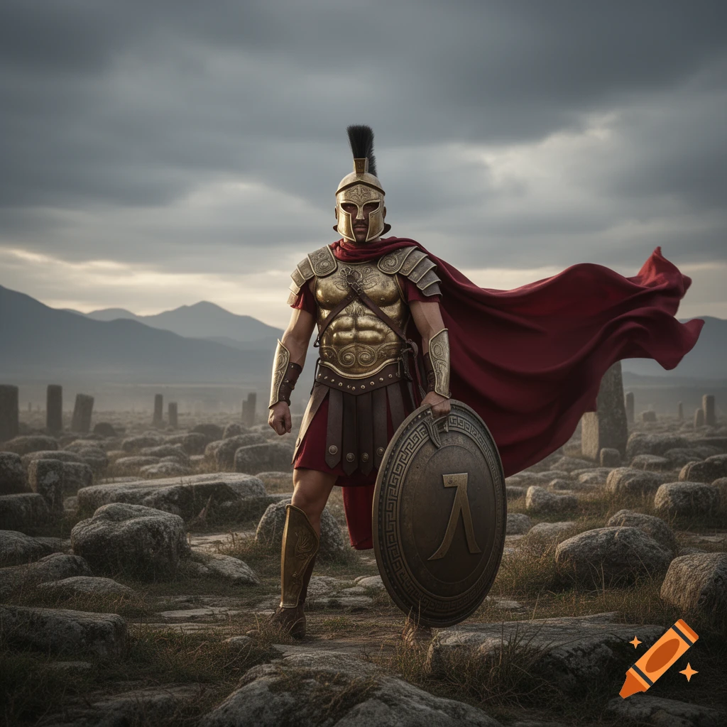 Photorealistic Spartan warrior in gold and red armor with a flowing cape, holding a shield with a lambda, standing in a rocky landscape.