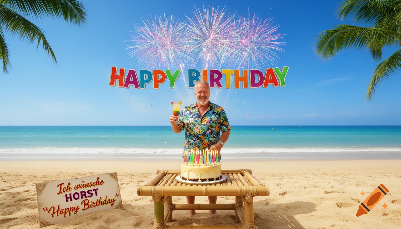 A man in a Hawaiian shirt celebrates his birthday on a tropical beach with a cake, cocktail, fireworks, and "Happy Birthday" text.
