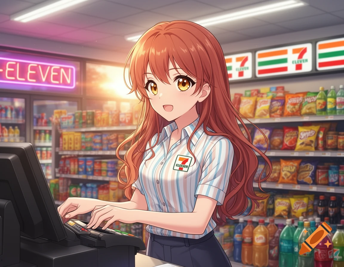 Anime girl with reddish-brown hair working at a 7-Eleven register, surrounded by shelves of products.