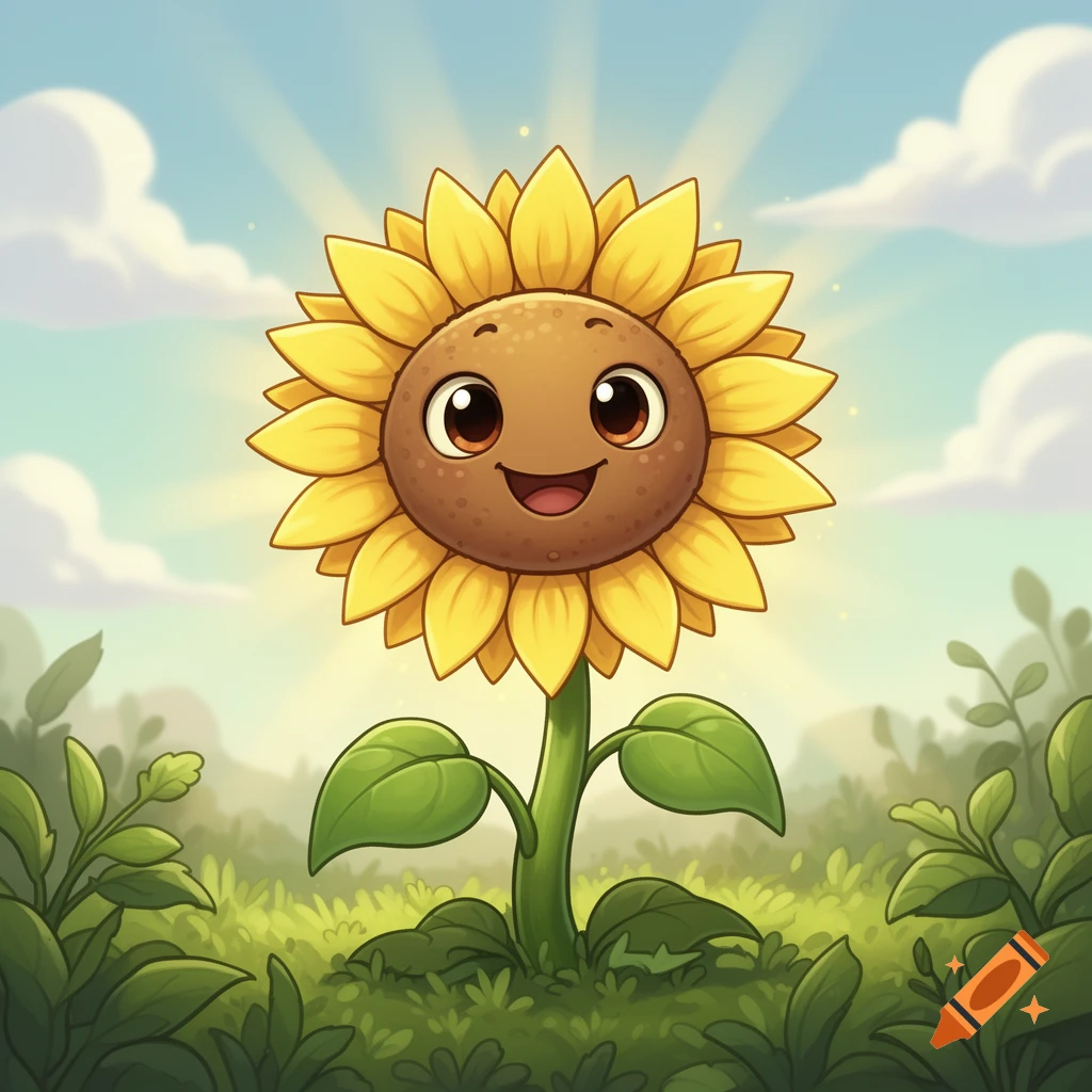 A happy cartoon sunflower character with a smiling face stands in a sunny green field under a blue sky with clouds.
