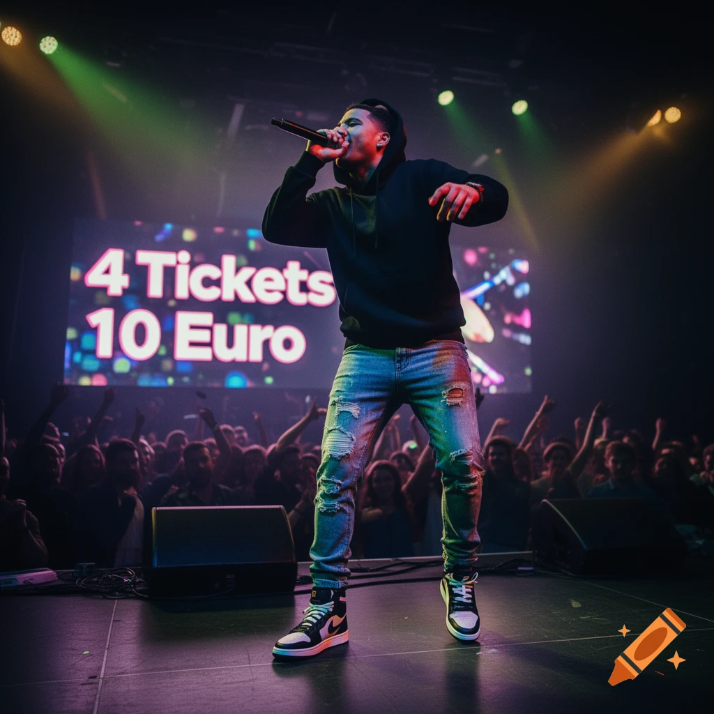 A rapper performs on stage under colorful lights, with a screen displaying "4 Tickets 10 Euro" behind him and a blurred crowd.