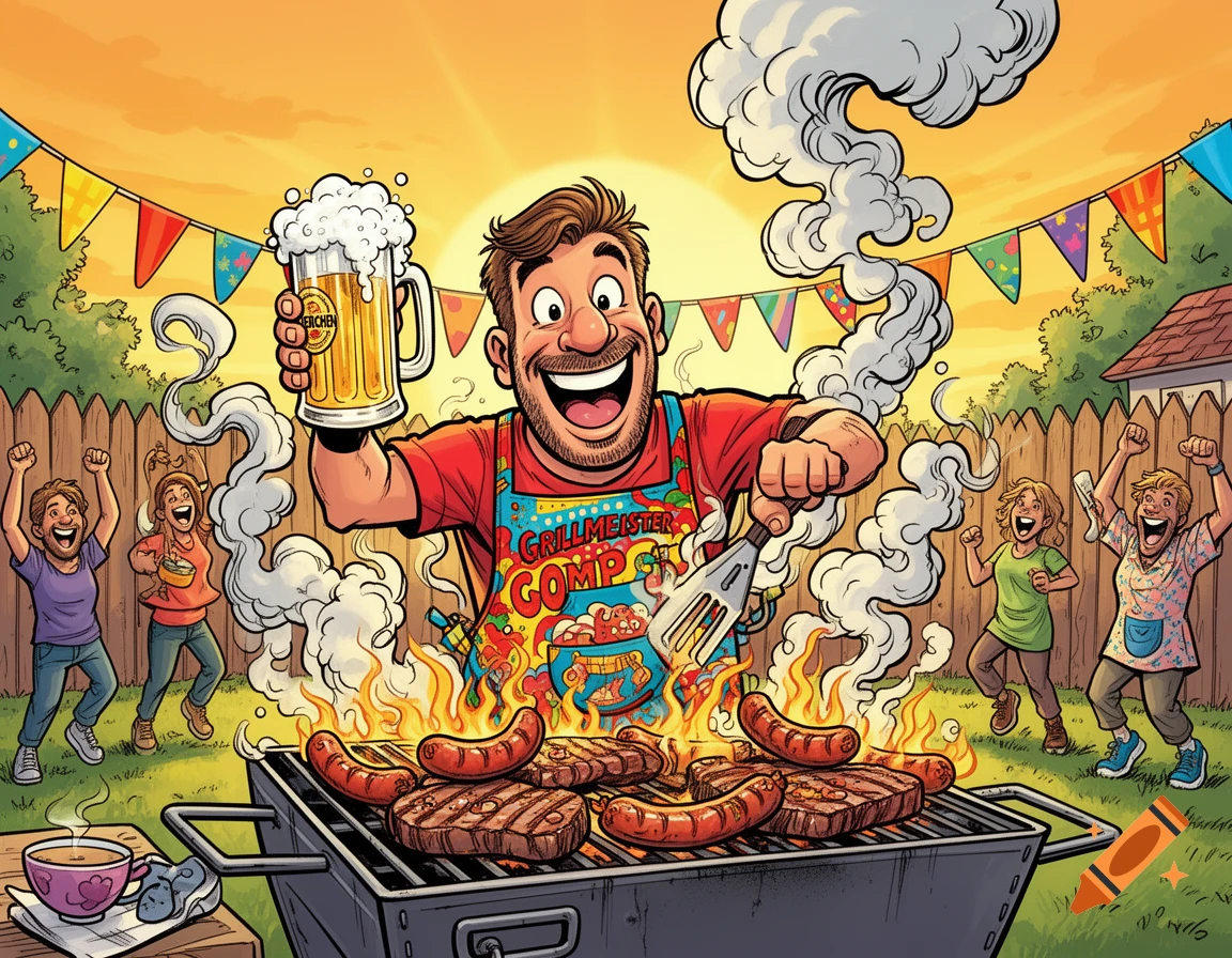A cheerful man grills sausages and steaks, holding a beer mug, surrounded by cheering friends at a backyard barbecue, comic art style.