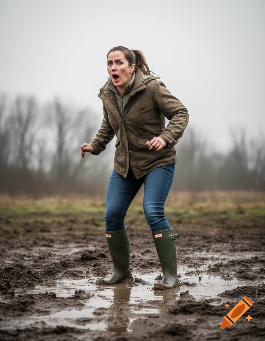 A surprised woman in a jacket, jeans, and green Hunter boots stands in a muddy field on an overcast day.