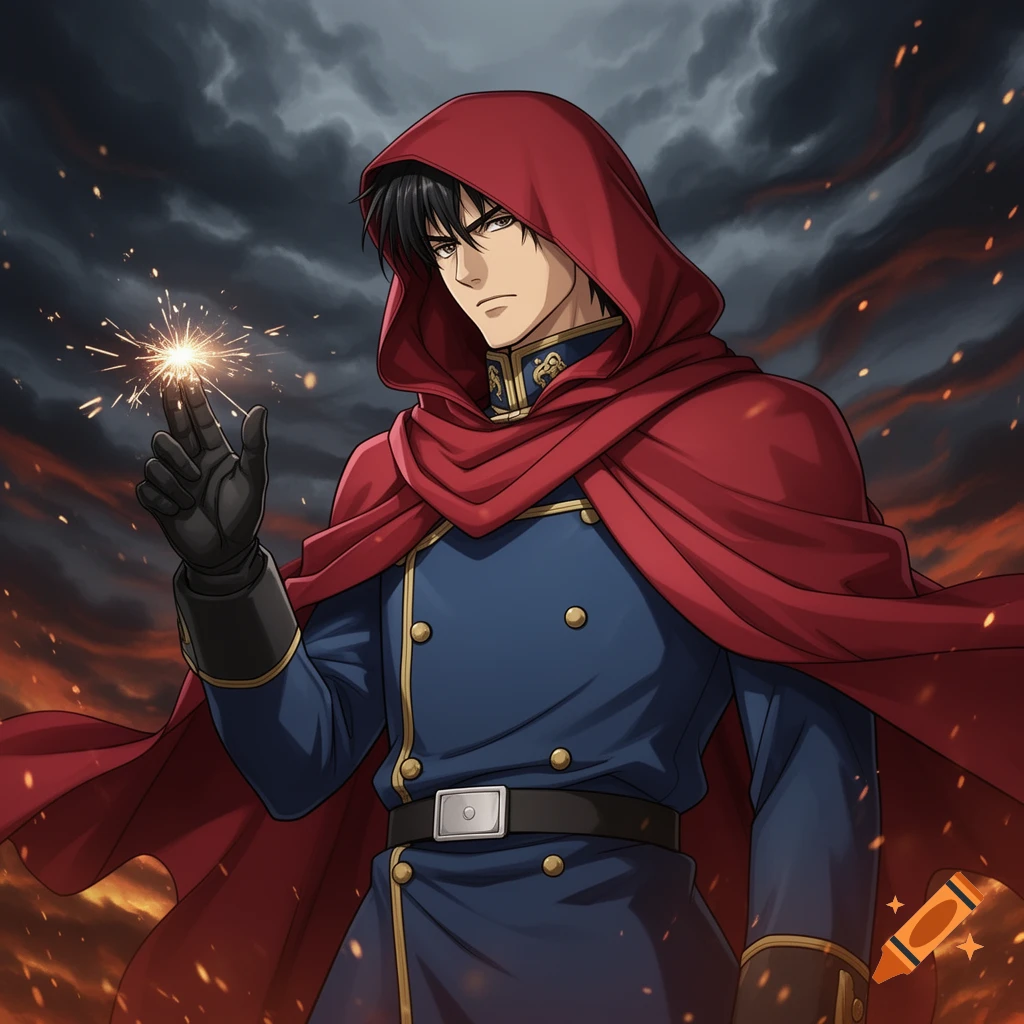 An anime man in a red hooded cape and blue uniform generates sparks from his finger against a dark, stormy, and fiery background.