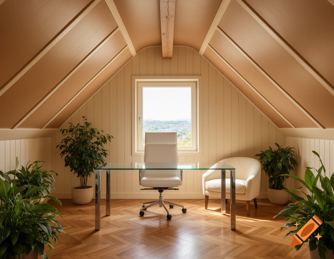 Photorealistic attic office with a glass desk, white office chair, white armchair, and green plants on a herringbone wood floor.