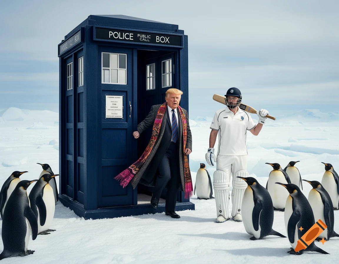 Photorealistic image of Donald Trump emerging from a blue TARDIS in a snowy landscape. A man in cricket gear holds a bat next to him, surrounded by penguins.