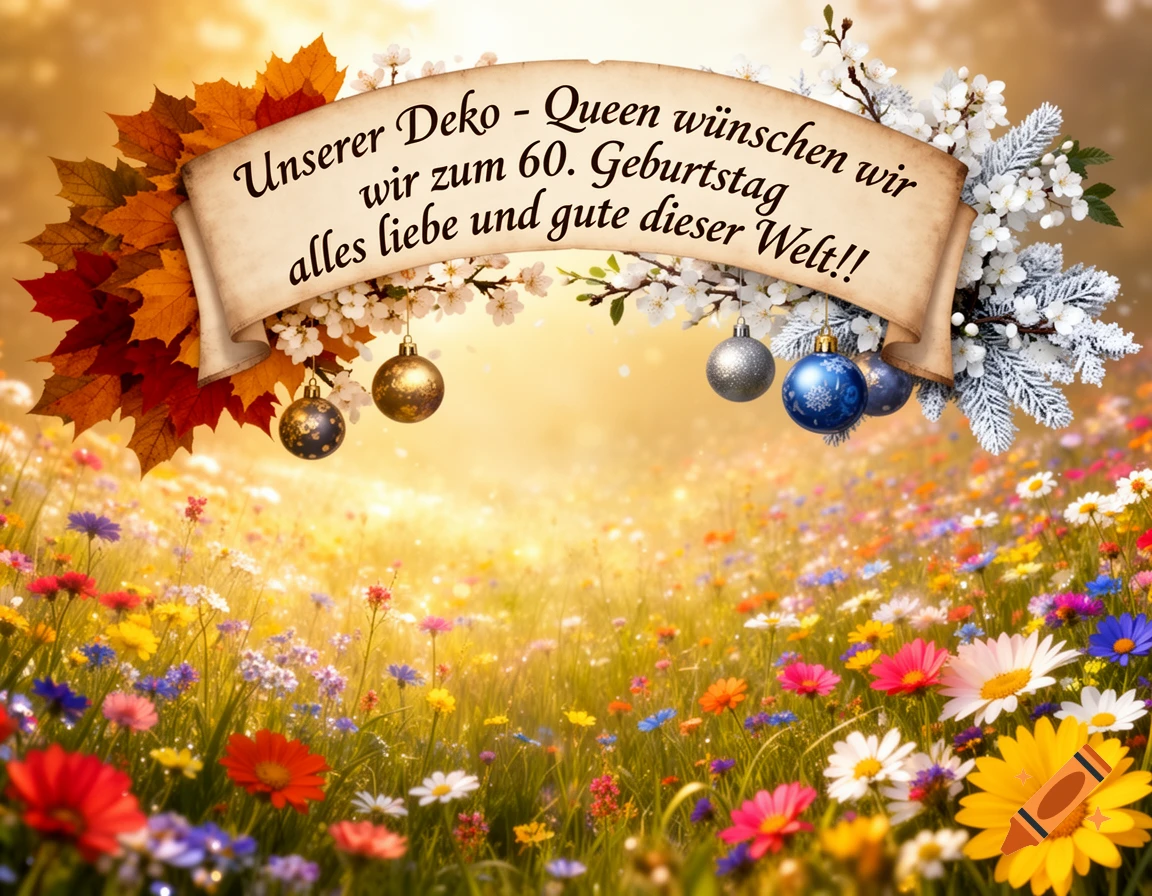 A vibrant fantasy flower meadow with a 60th birthday greeting on a banner, adorned with autumn leaves, winter branches, and ornaments.