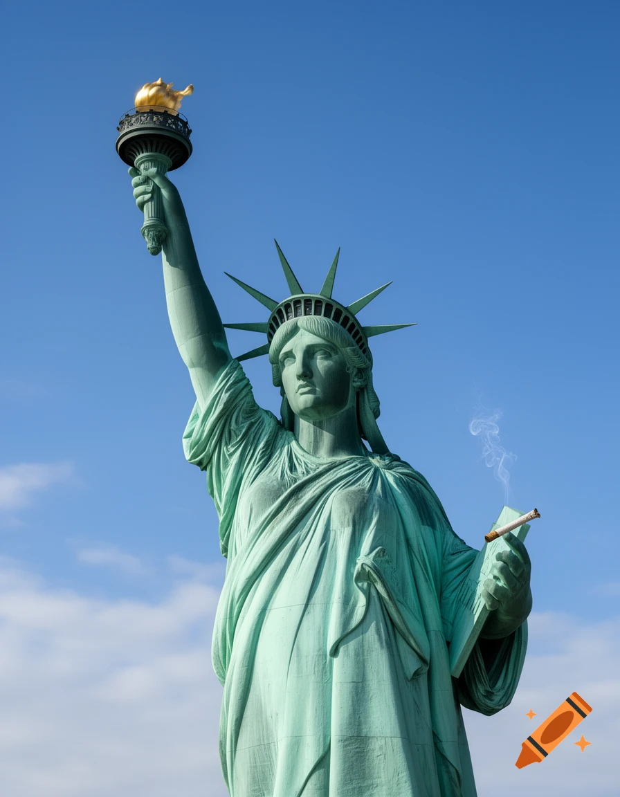 Photorealistic image of the Statue of Liberty holding a lit joint, with a golden teapot atop her torch.