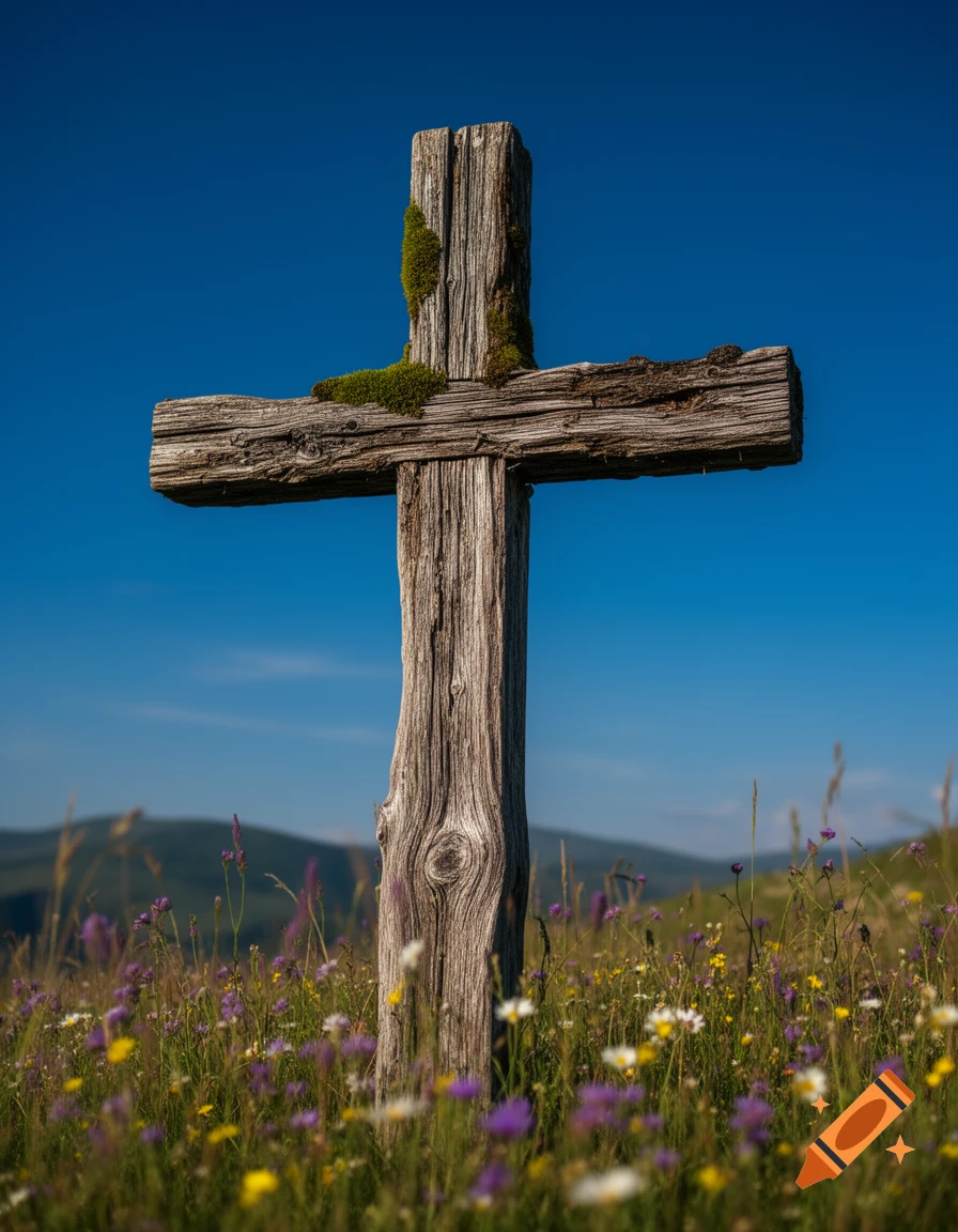 A weathered wooden cross stands in a vibrant field of colorful wildflowers under a clear blue sky, with mountains in the distance.