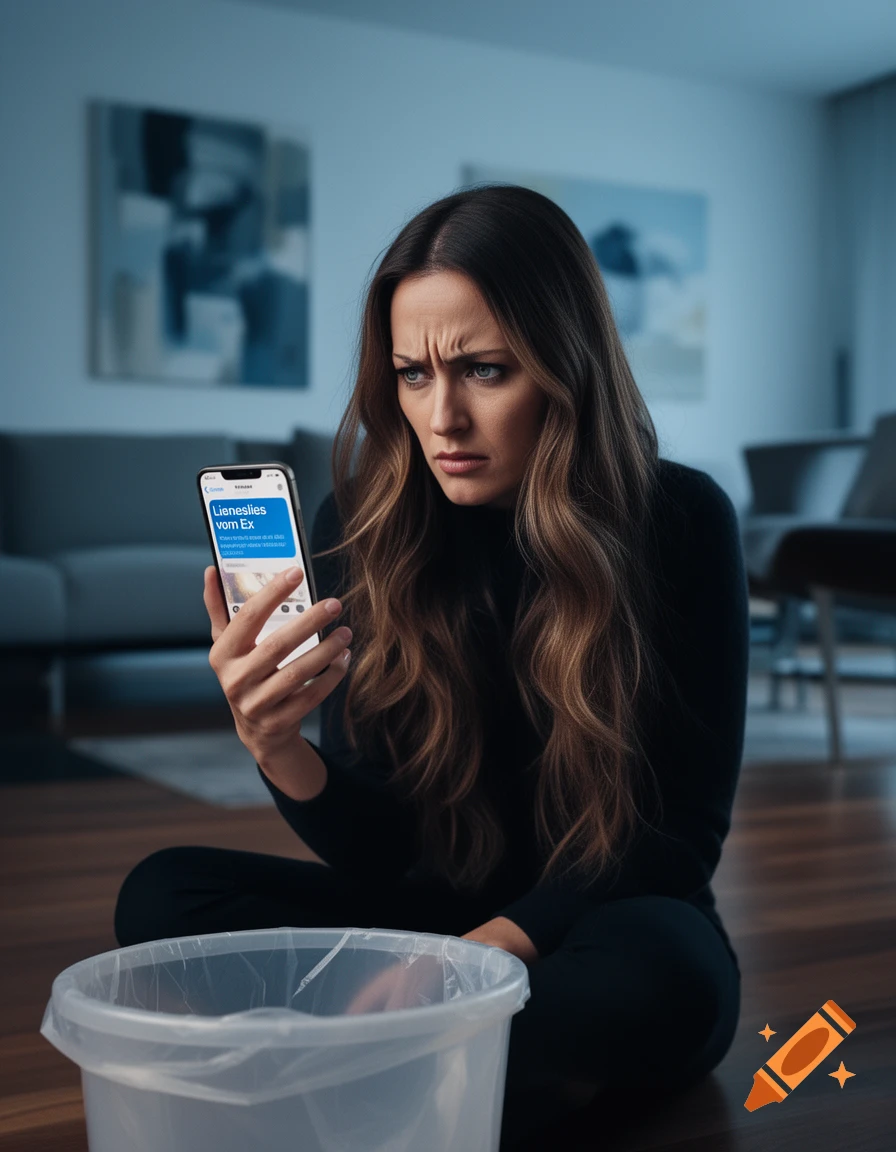 A woman with long brown hair looks disgusted at her smartphone, sitting on a wooden floor next to a trash can in a living room.